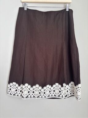 Ann Taylor Chocolate Brown Skirt with White Crochet Hem Linen Blend Sz 12 Career